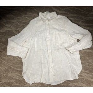 H&M Top Womens Size Large 100% Linen Beige Oversized Pocket Button Blouse Shirt